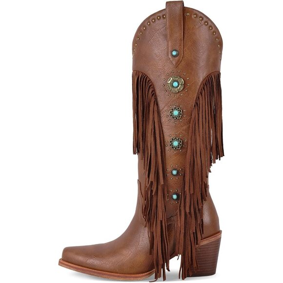 ⚡Women's Brown Western Cowgirl Boots Studded Fringed Long Boot Block Heel - Picture 1 of 7